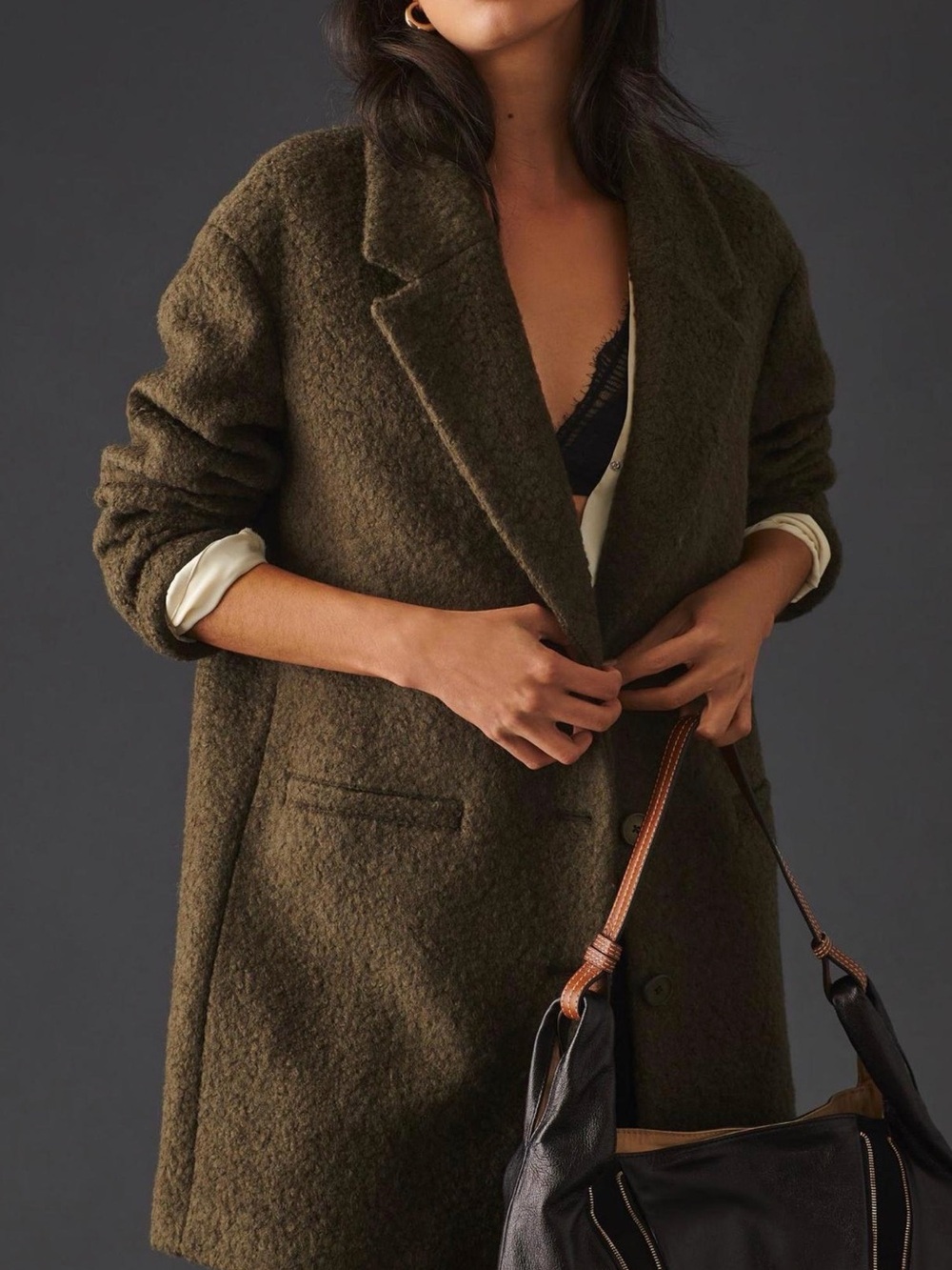 Maeve Oversized Bouclé Coat — Moss Green